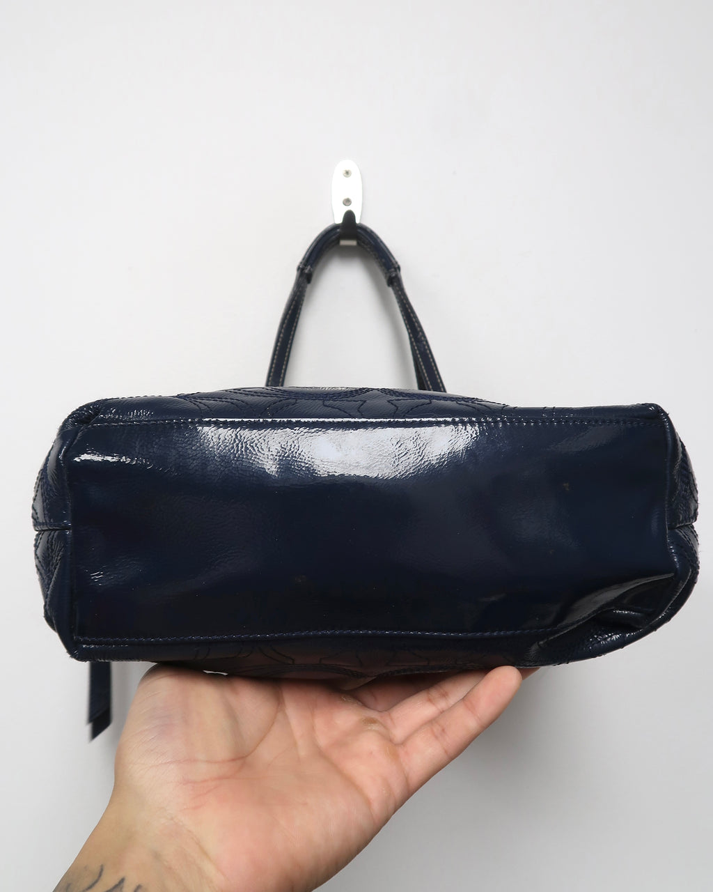 Coach Signature Stripe Stitched Patent Leather Tote