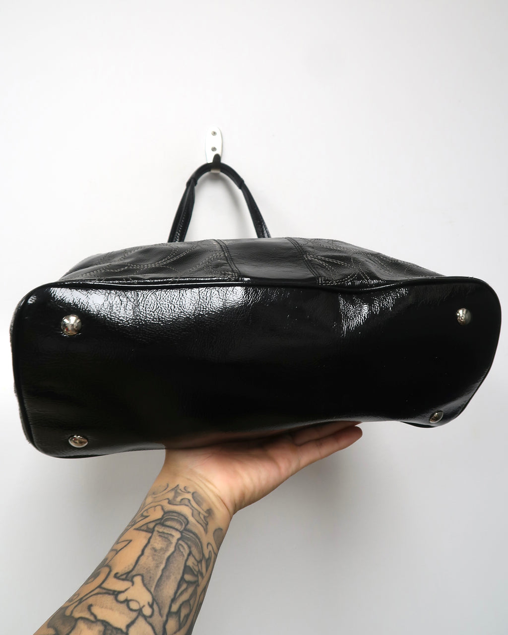 Coach Black Patent Leather Signature C Kisslock Carryall Bag