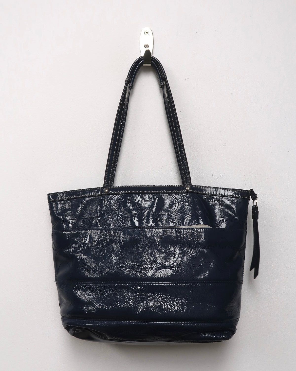 Coach Signature Stripe Stitched Patent Leather Tote