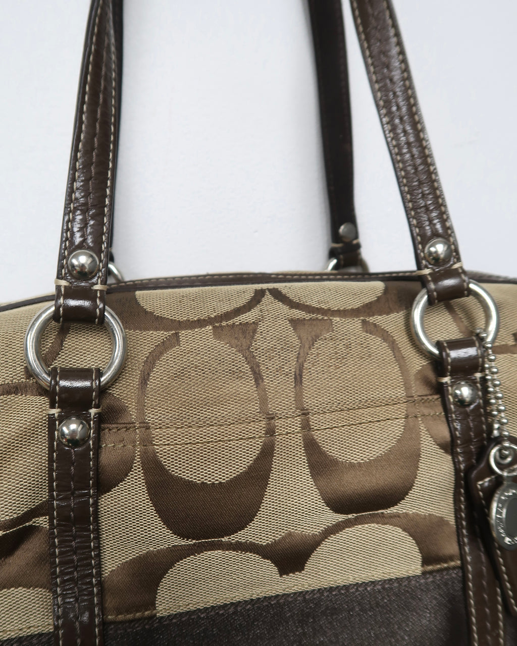 Coach Signature Khaki/Tan/Brown Canvas Jacquard Zip Satchel Handbag