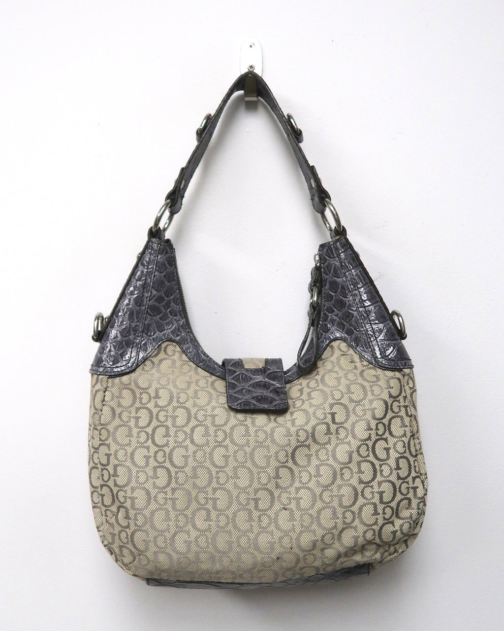 Y2K GUESS grey monogram and faux-crocodile hobo shoulder bag