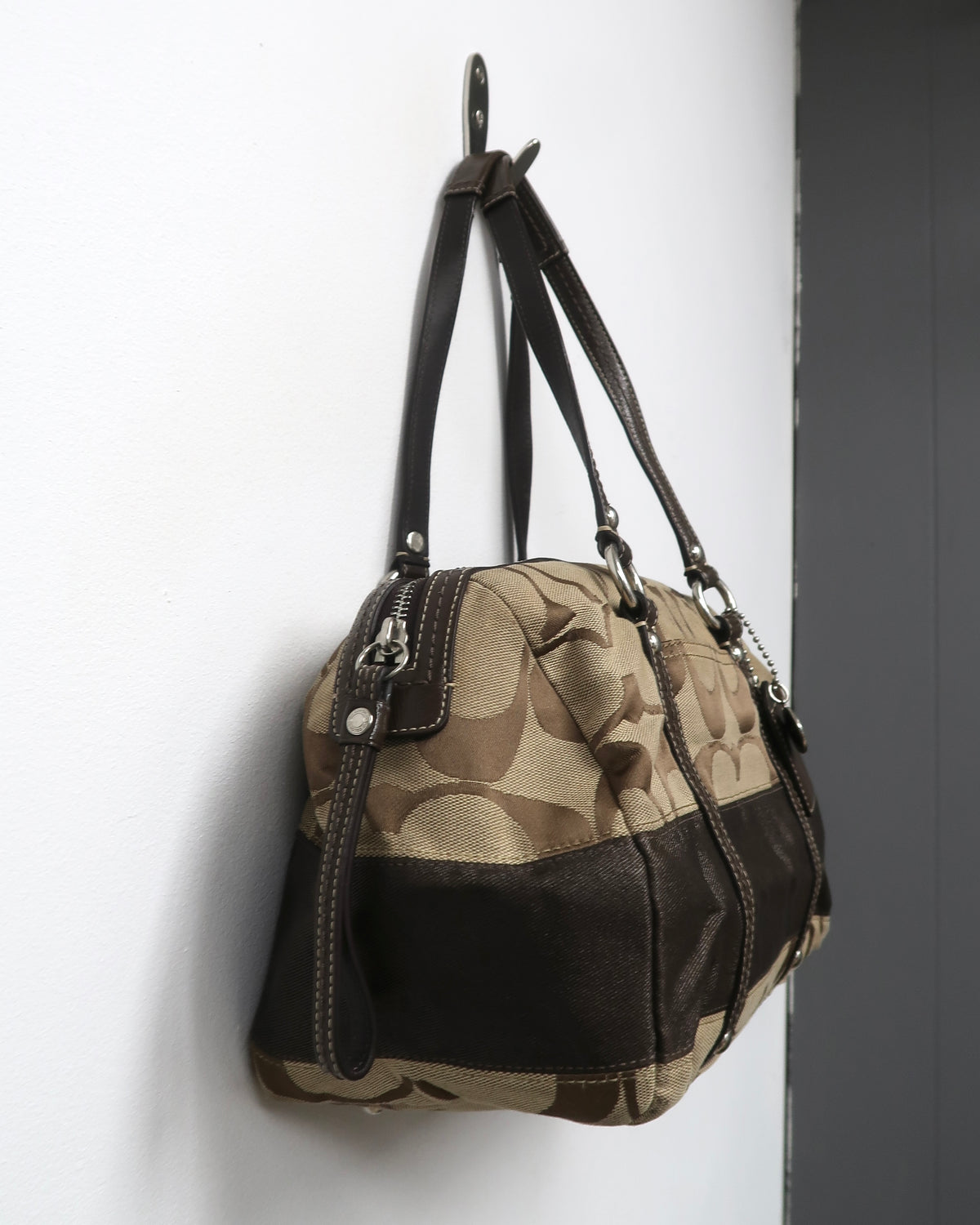 Coach Signature Khaki/Tan/Brown Canvas Jacquard Zip Satchel Handbag