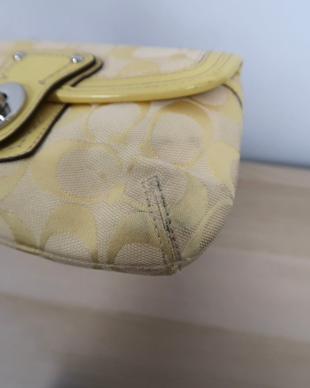 Coach Signature Yellow Canvas Leather Trim Turnlock Wristlet