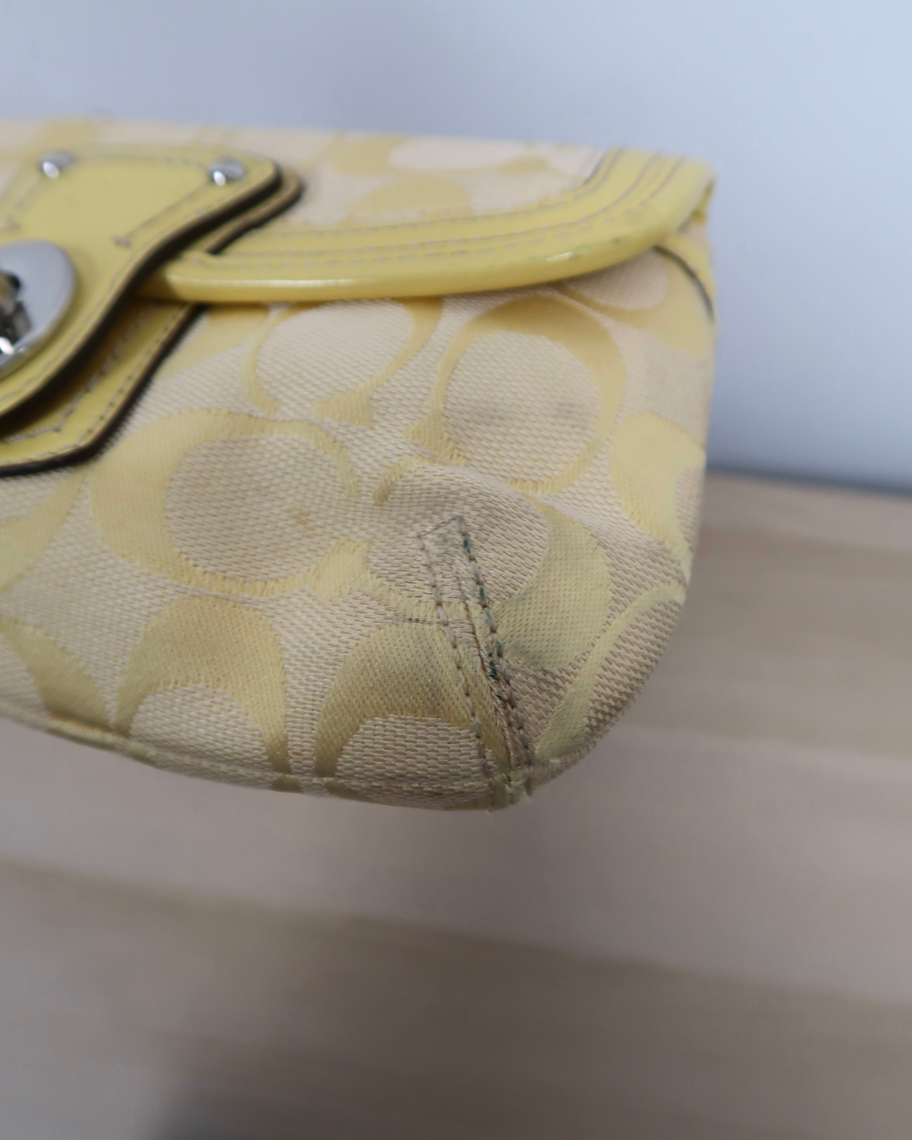 Coach Signature Yellow Canvas Leather Trim Turnlock Wristlet