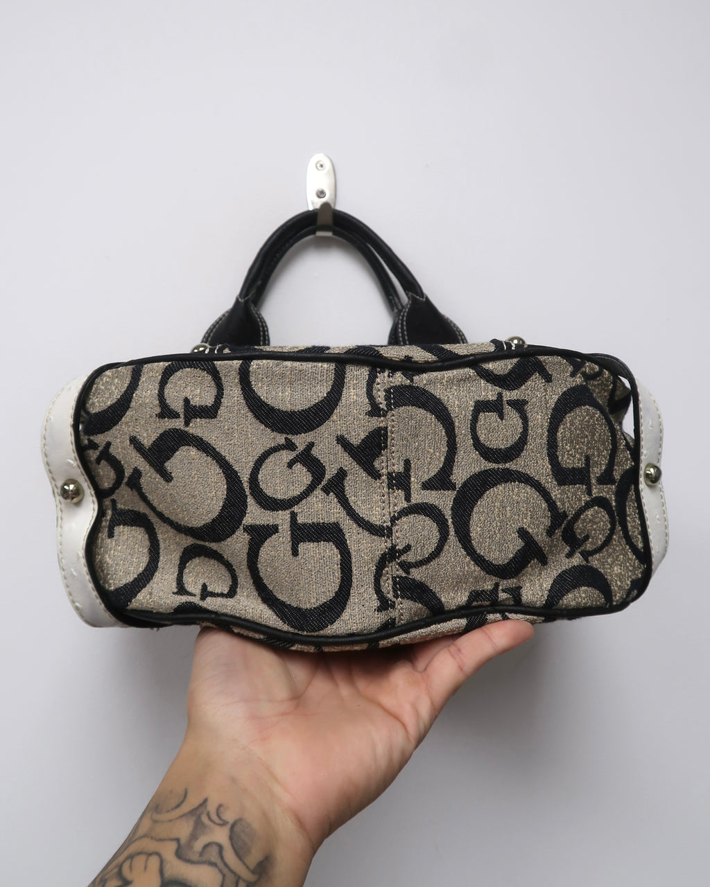 Guess monogram canvas and faux-ostrich/leather shoulder bag