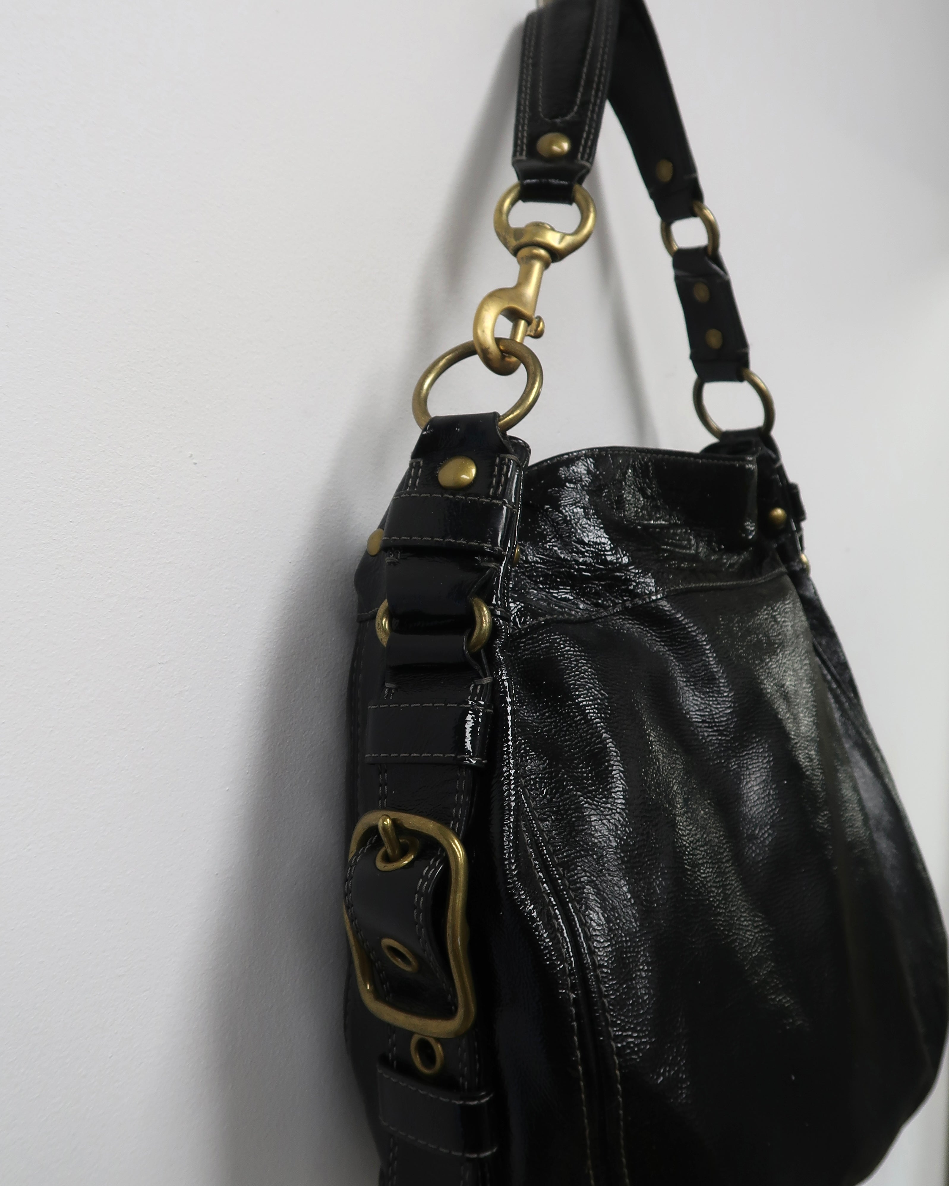 Black patent leather Coach Zoe shoulder bag