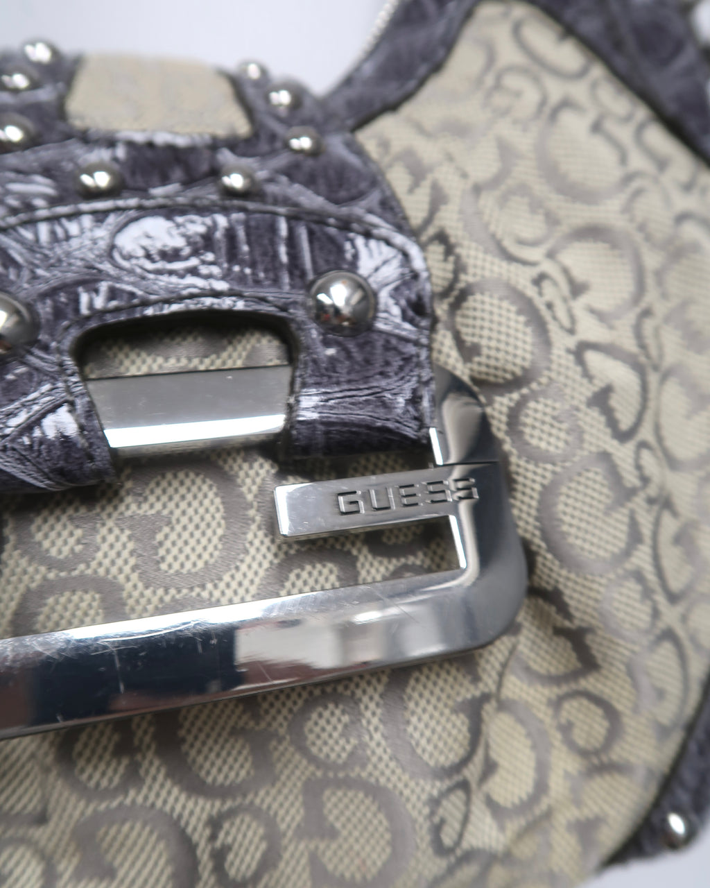 Y2K GUESS grey monogram and faux-crocodile hobo shoulder bag