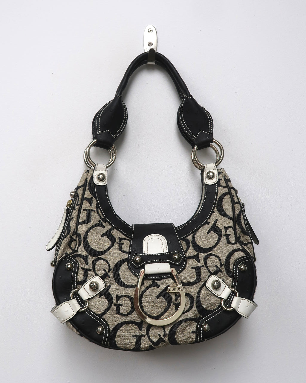 Guess monogram canvas and faux-ostrich/leather shoulder bag