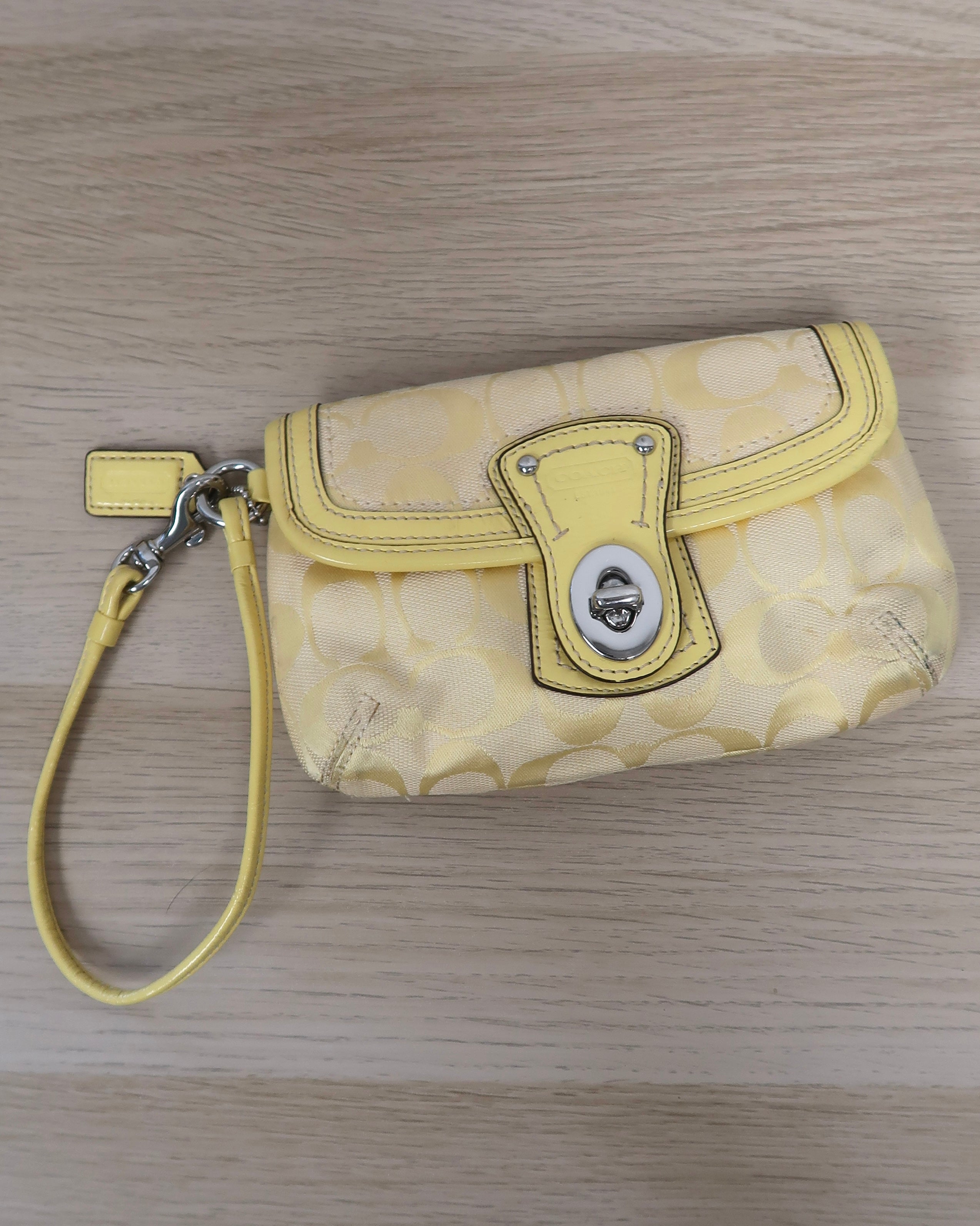 Coach Signature Yellow Canvas Leather Trim Turnlock Wristlet