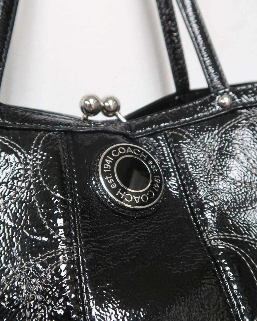 Coach Black Patent Leather Signature C Kisslock Carryall Bag