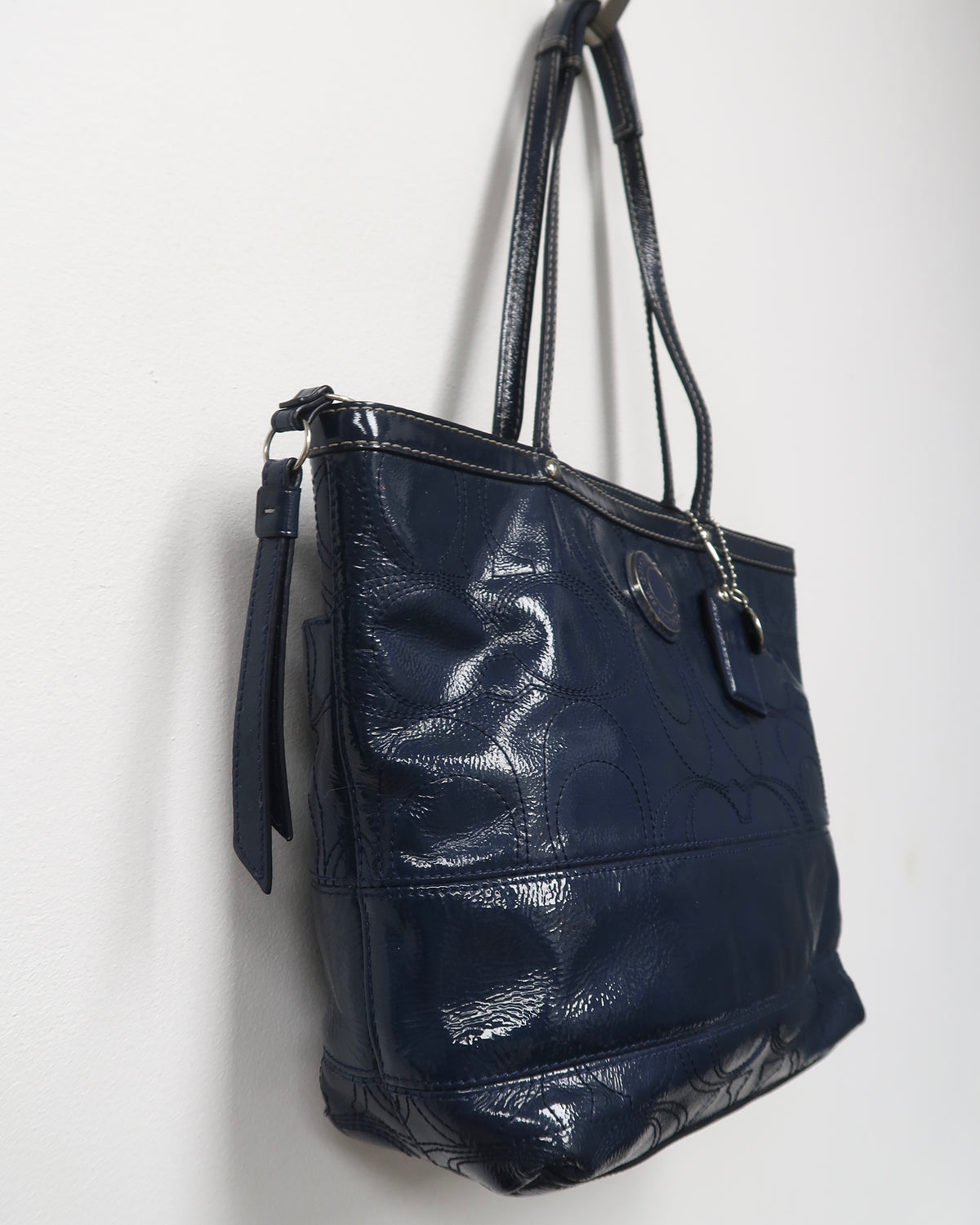 Coach Signature Stripe Stitched Patent Leather Tote