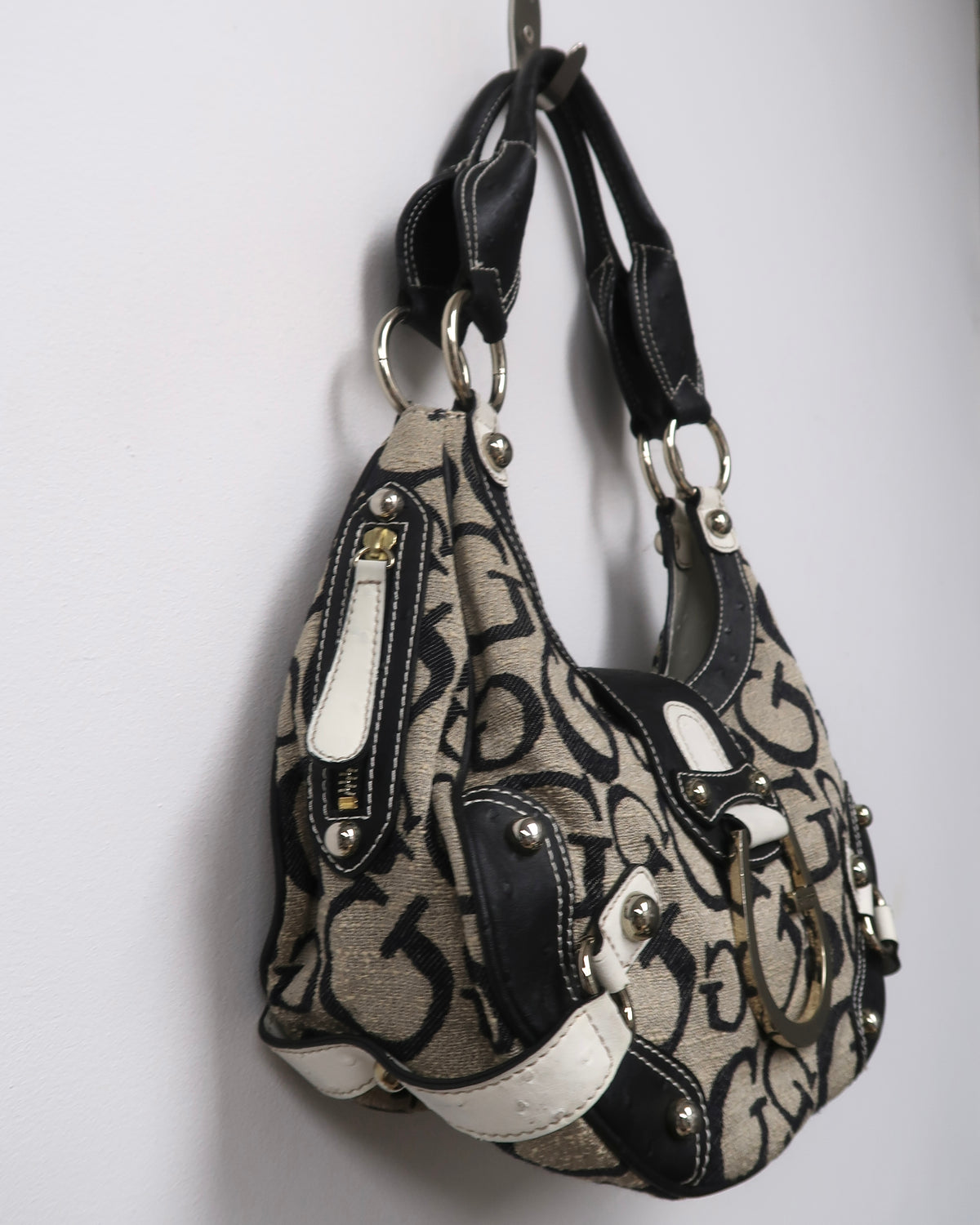 Guess monogram canvas and faux-ostrich/leather shoulder bag