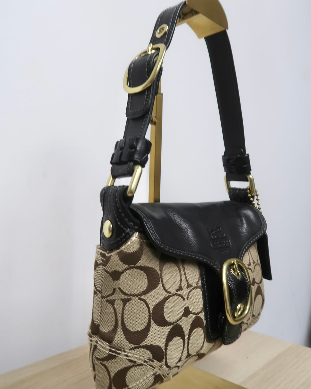 Coach Bleecker Signature Canvas & Black Leather Flap Shoulder Bag
