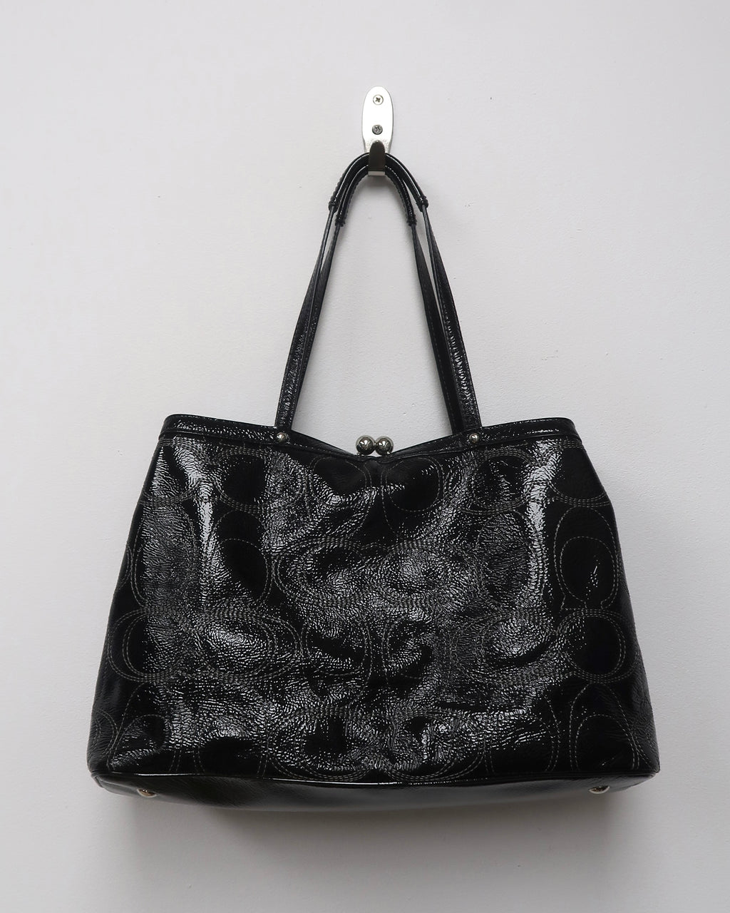 Coach Black Patent Leather Signature C Kisslock Carryall Bag