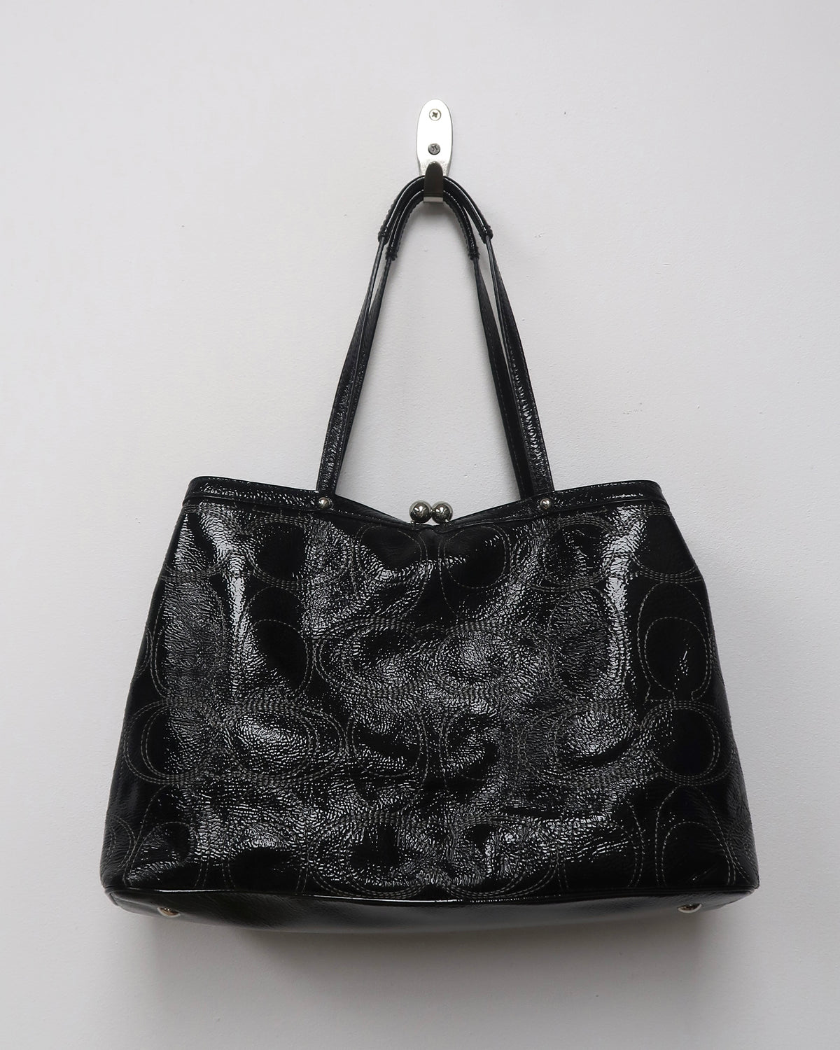 Coach Black Patent Leather Signature C Kisslock Carryall Bag