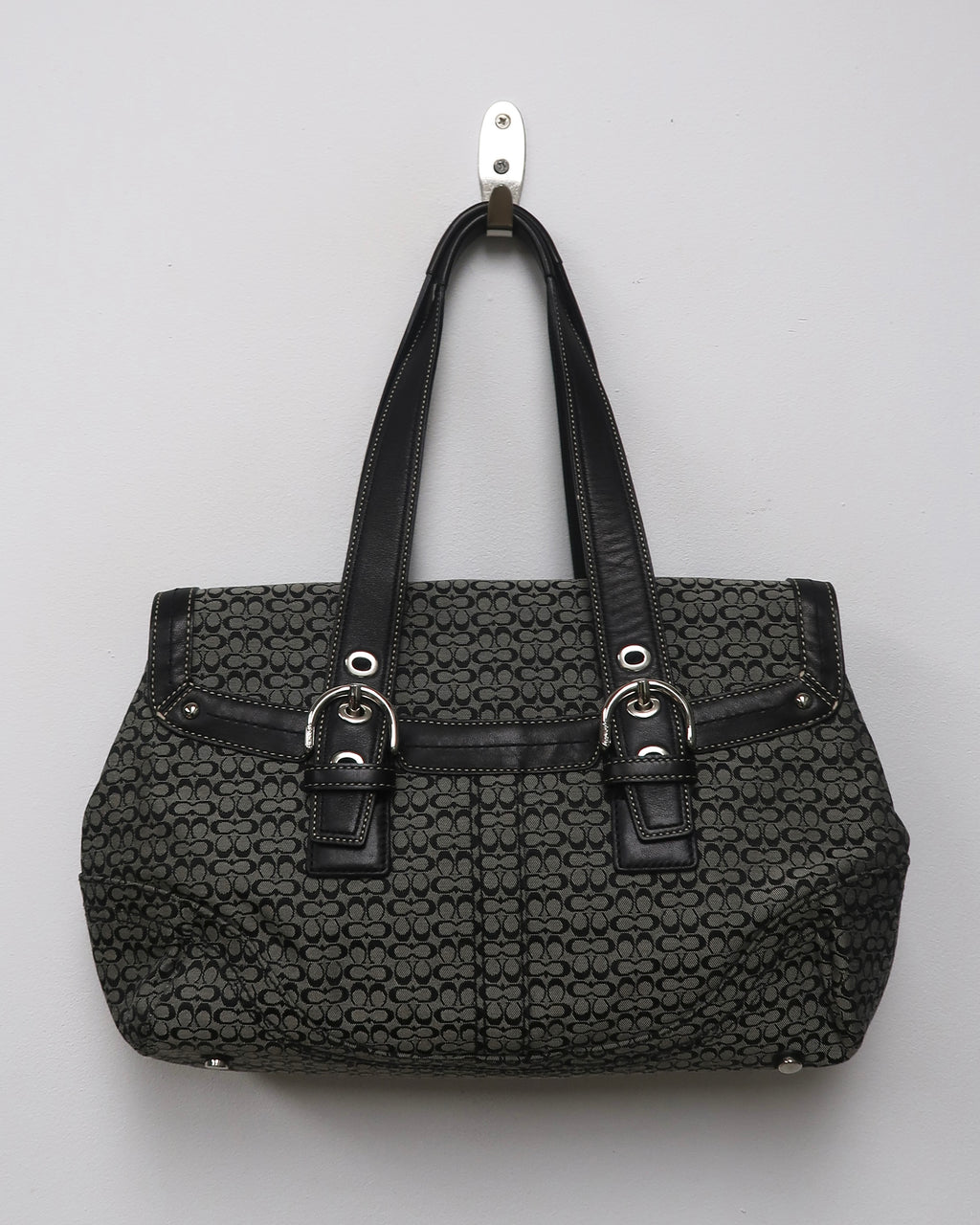 Coach Soho Black and Gray Signature Jacquard Flap Bag