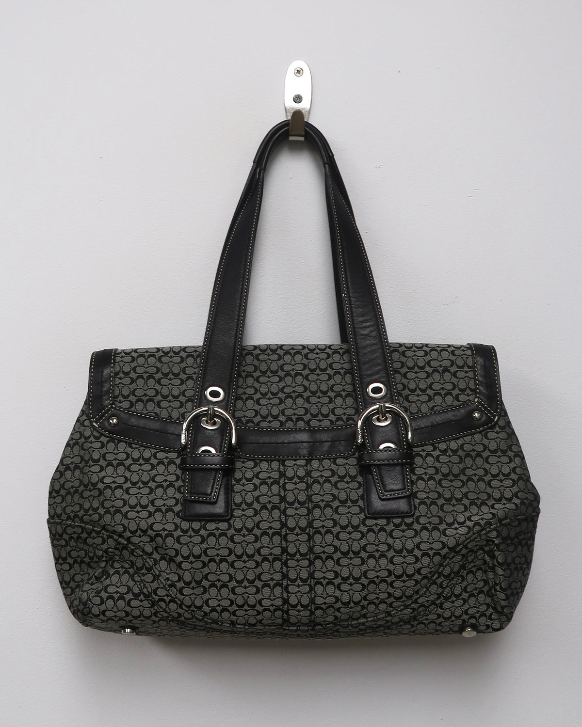 Coach Soho Black and Gray Signature Jacquard Flap Bag