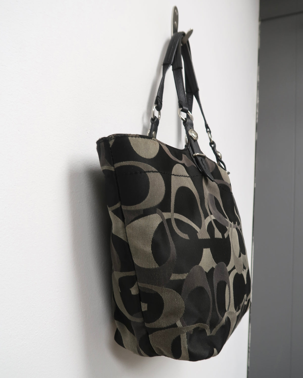 Coach black and grey signature monogram canvas tote bag