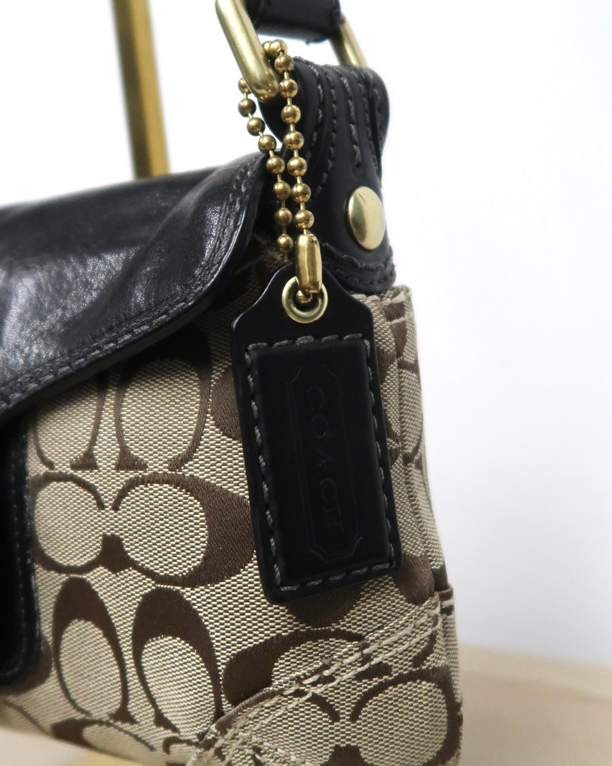 Coach Bleecker Signature Canvas & Black Leather Flap Shoulder Bag