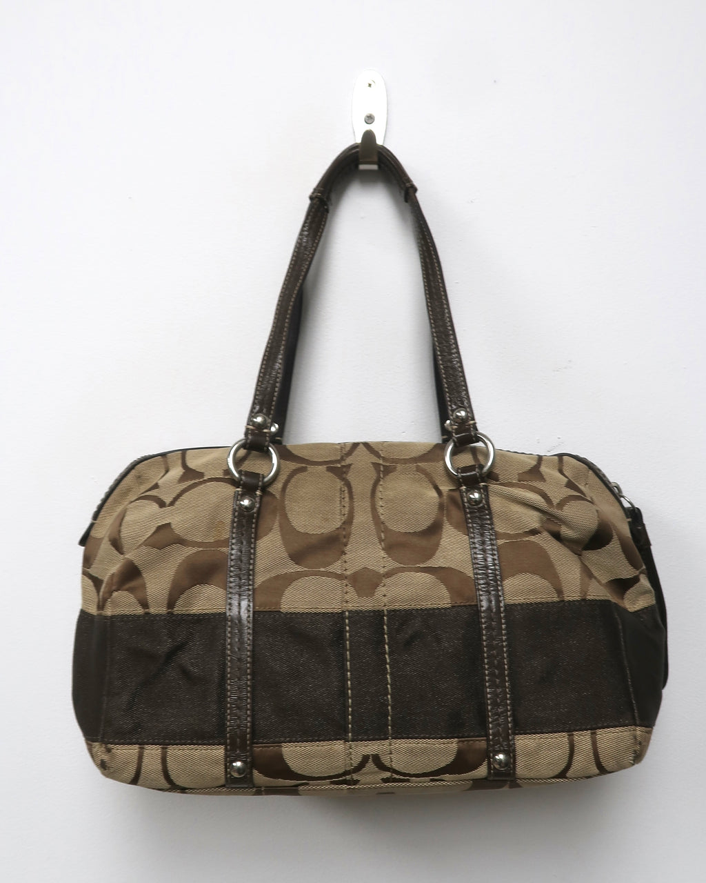 Coach Signature Khaki/Tan/Brown Canvas Jacquard Zip Satchel Handbag