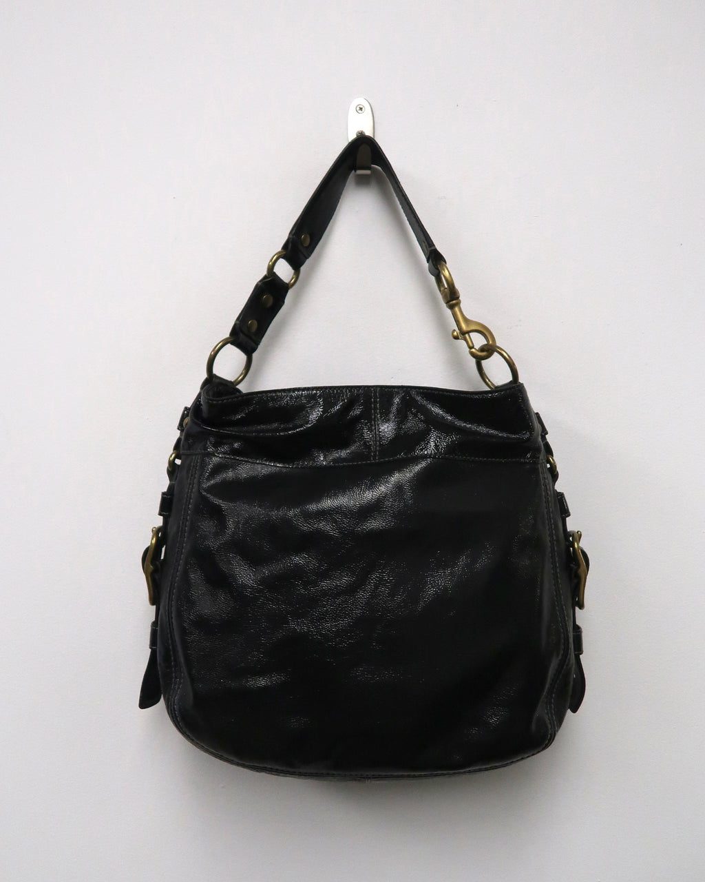 Black patent leather Coach Zoe shoulder bag