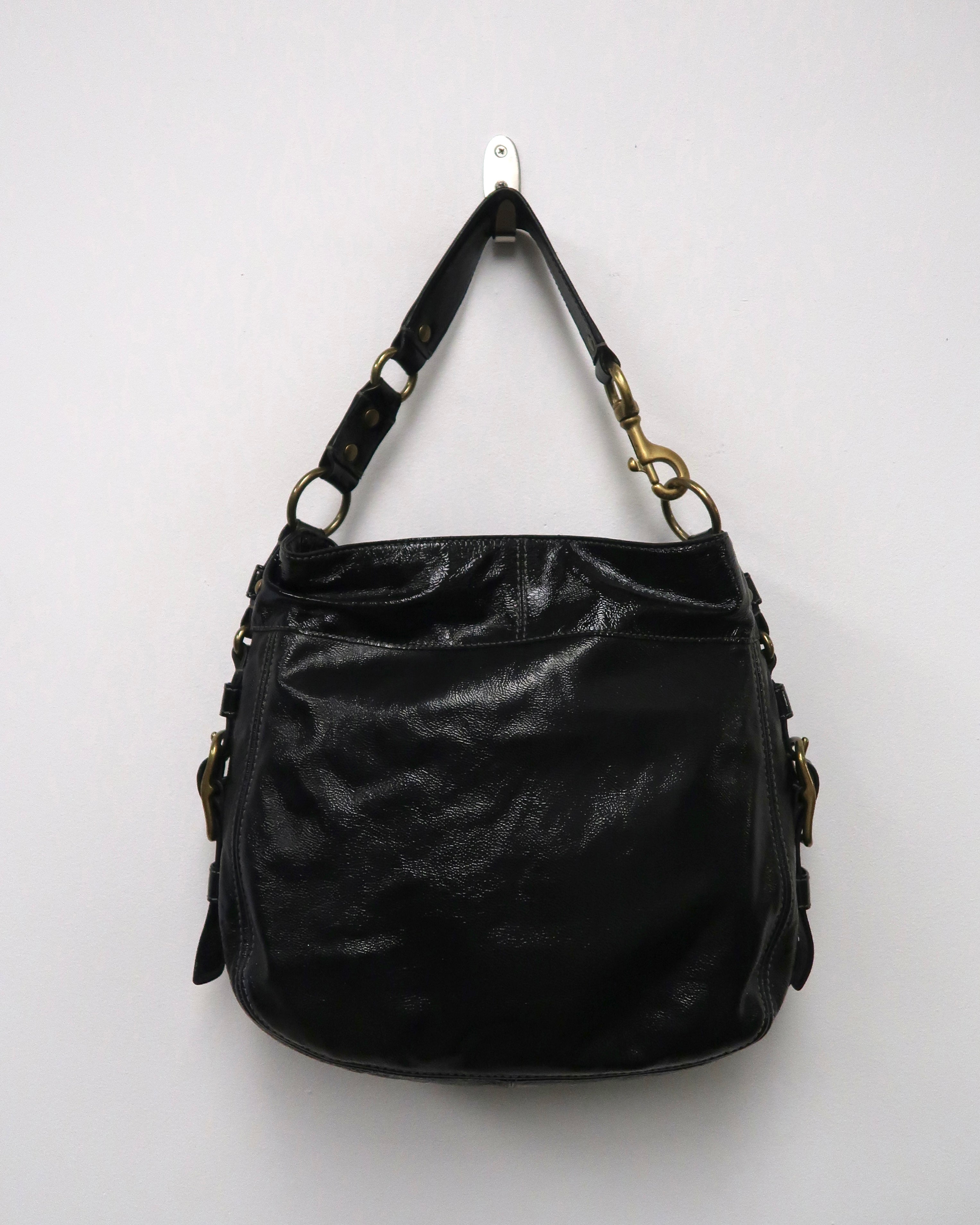 Black patent leather Coach Zoe shoulder bag