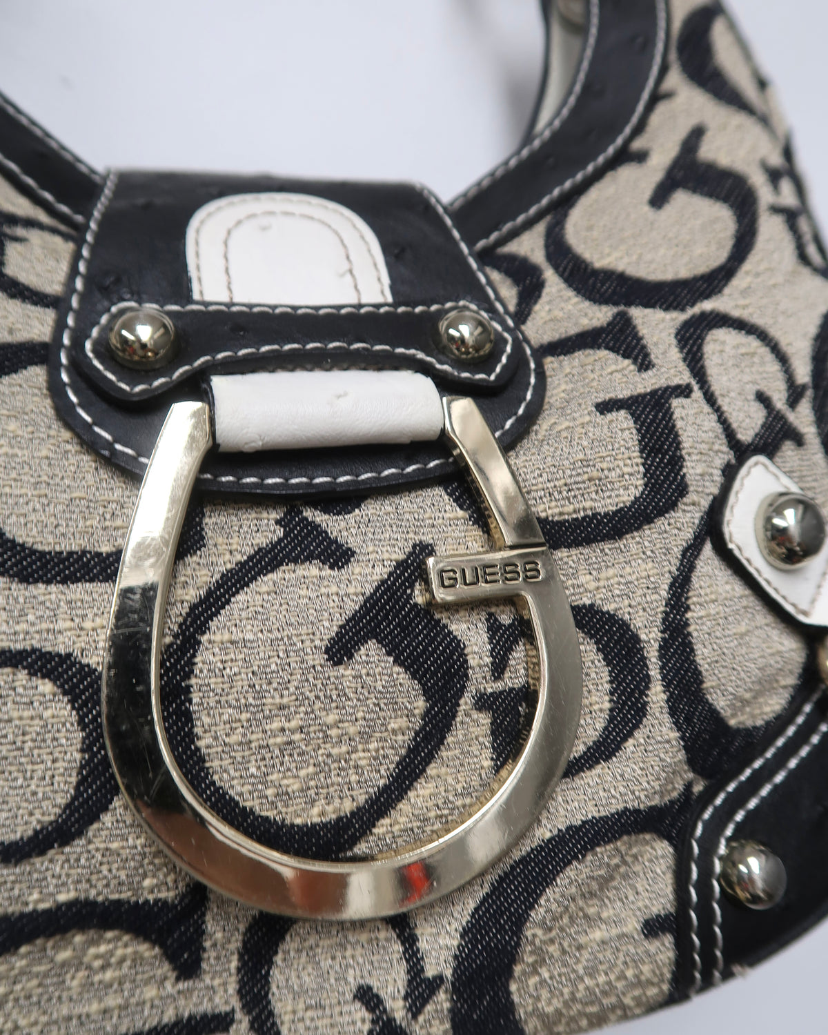 Guess monogram canvas and faux-ostrich/leather shoulder bag