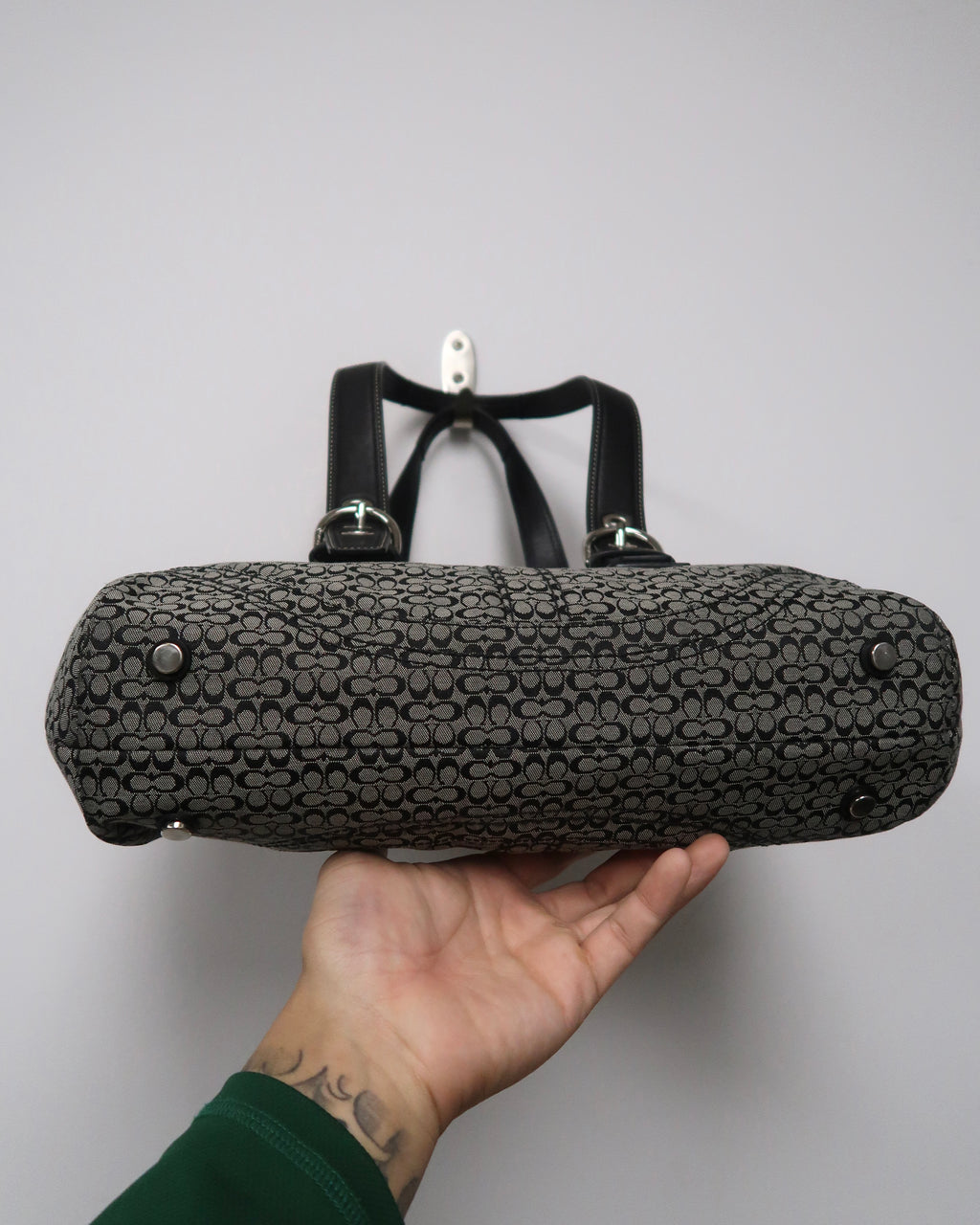 Coach Soho Black and Gray Signature Jacquard Flap Bag
