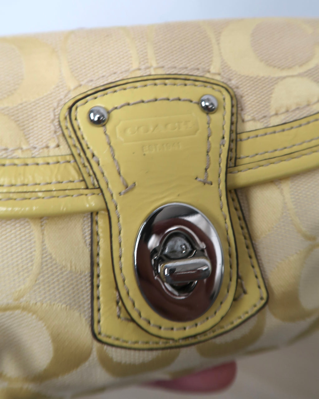 Coach Signature Yellow Canvas Leather Trim Turnlock Wristlet