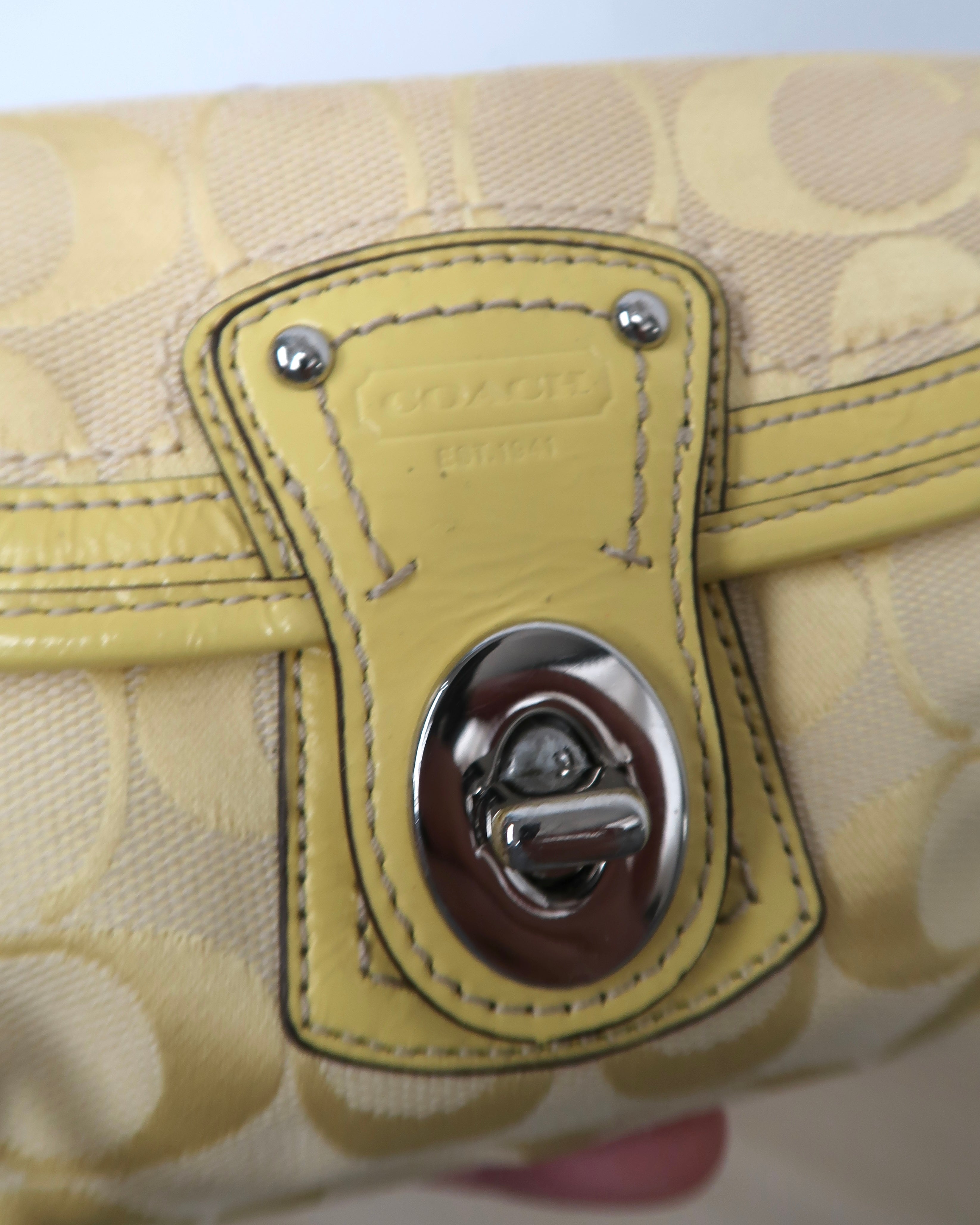 Coach Signature Yellow Canvas Leather Trim Turnlock Wristlet