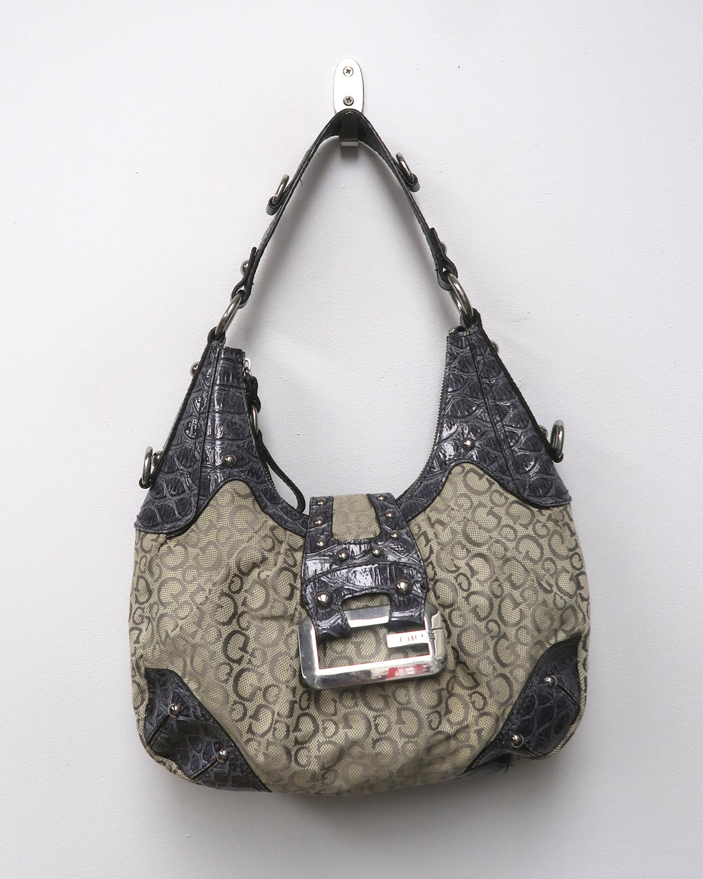 Y2K GUESS grey monogram and faux-crocodile hobo shoulder bag
