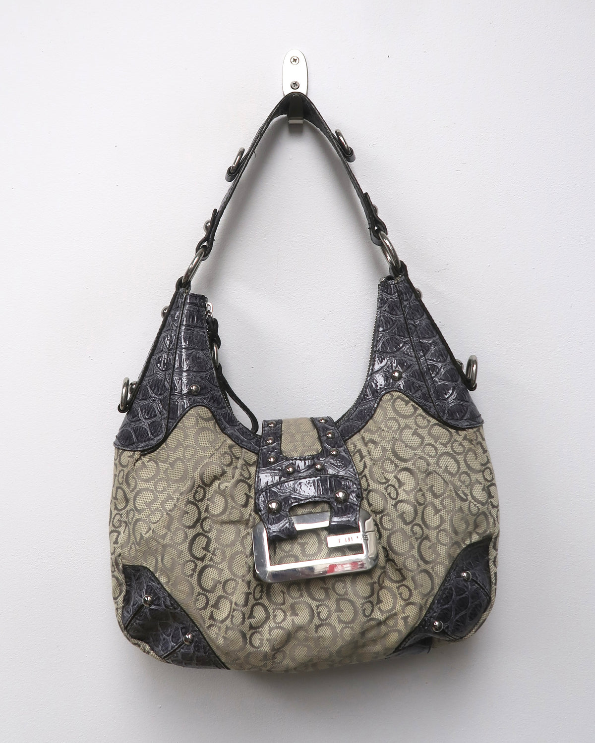 Y2K GUESS grey monogram and faux-crocodile hobo shoulder bag