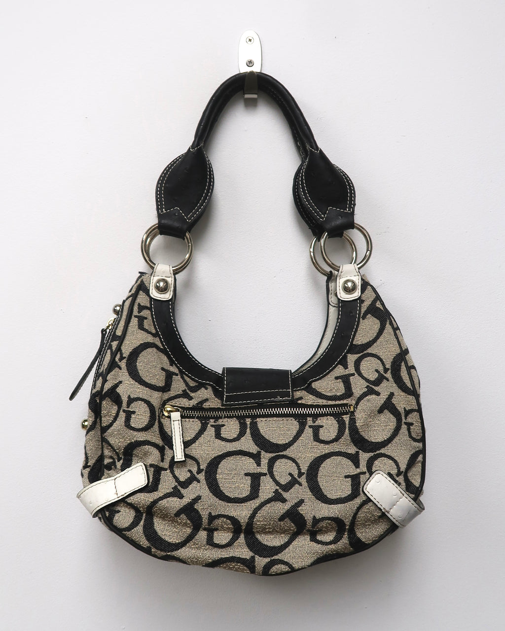 Guess monogram canvas and faux-ostrich/leather shoulder bag