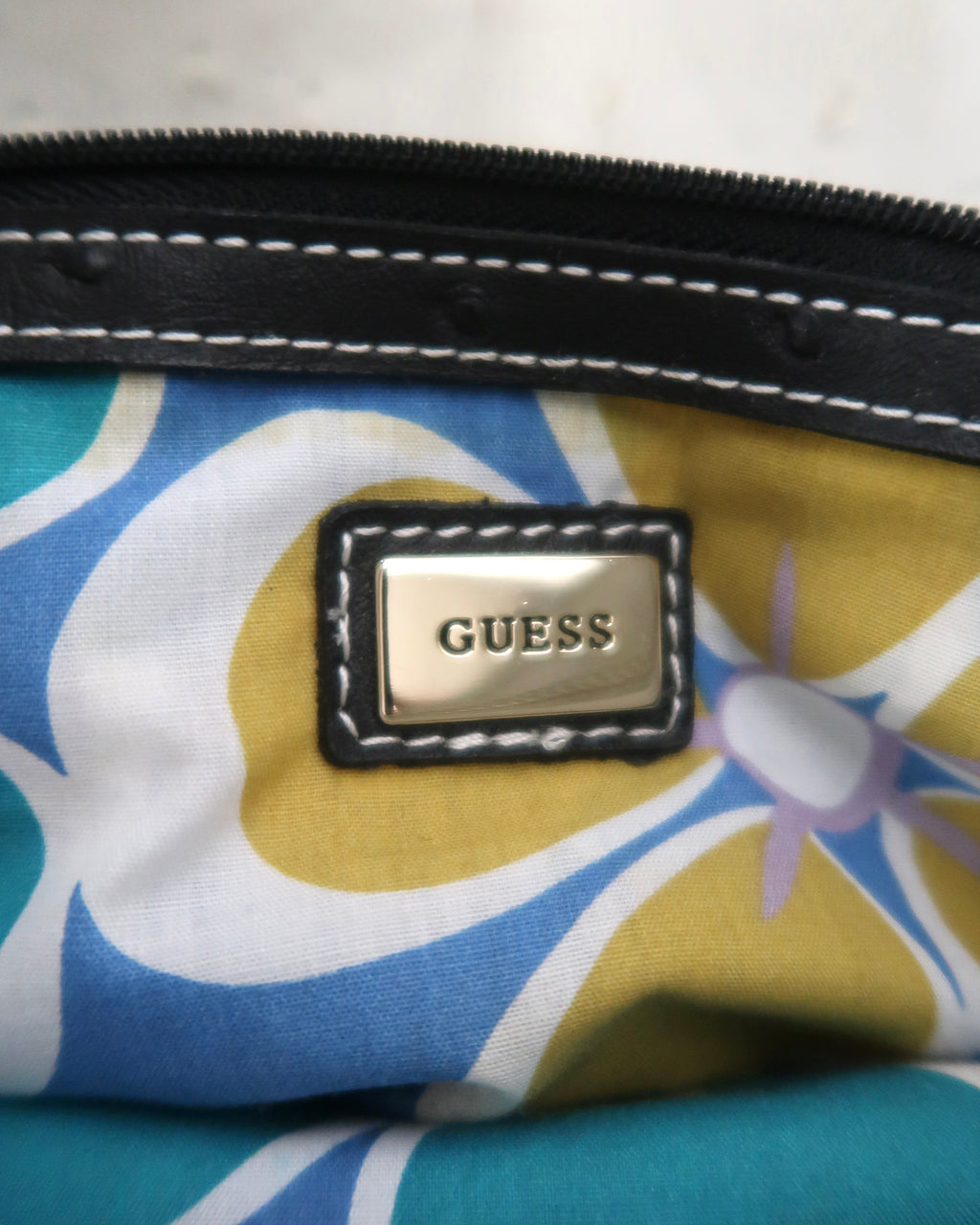 Guess monogram canvas and faux-ostrich/leather shoulder bag