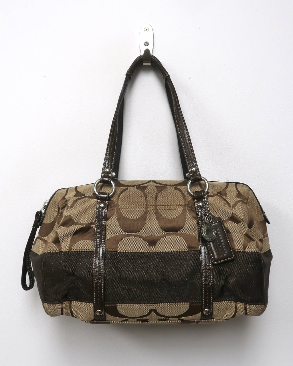 Coach Signature Khaki/Tan/Brown Canvas Jacquard Zip Satchel Handbag