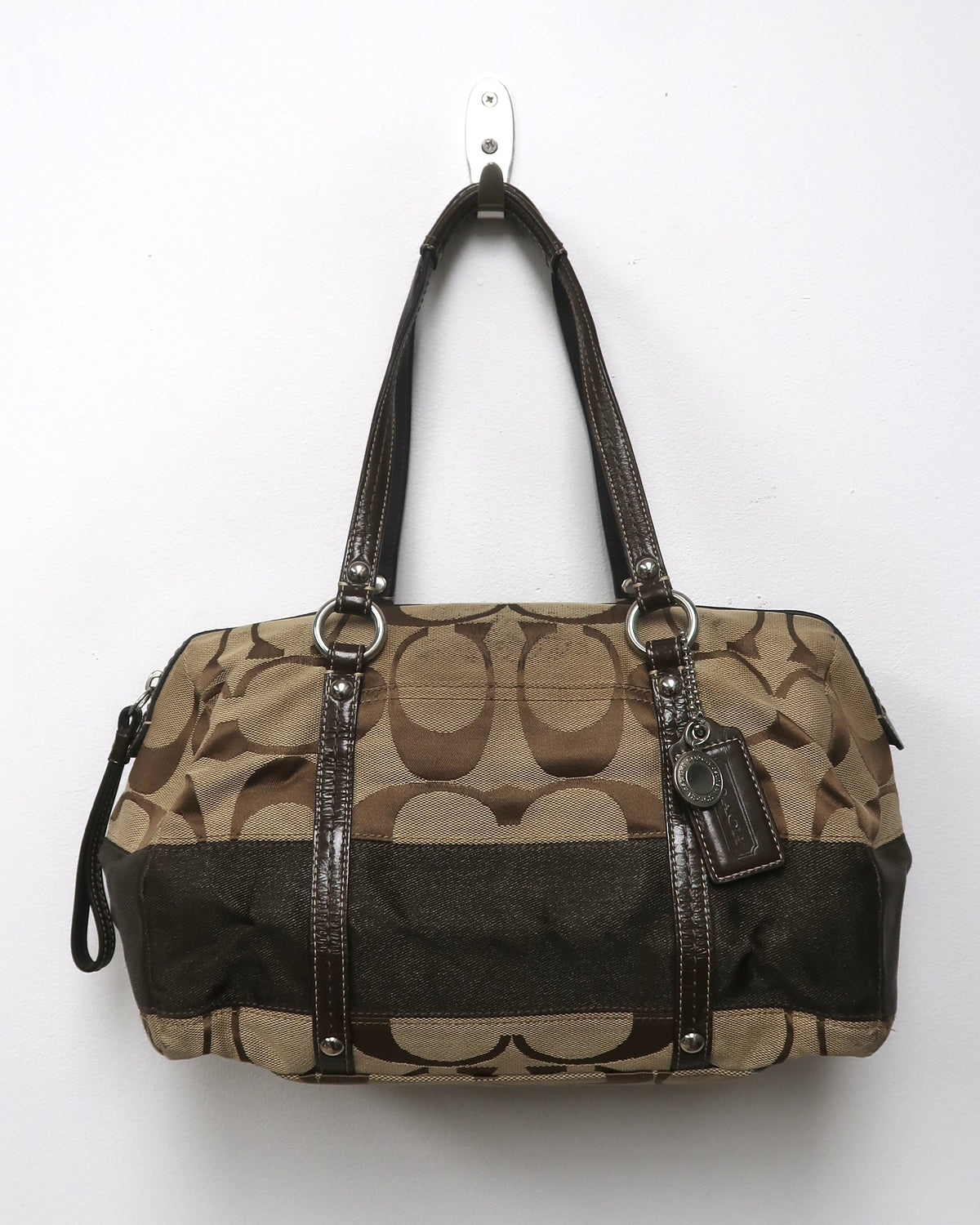 Coach Signature Khaki/Tan/Brown Canvas Jacquard Zip Satchel Handbag