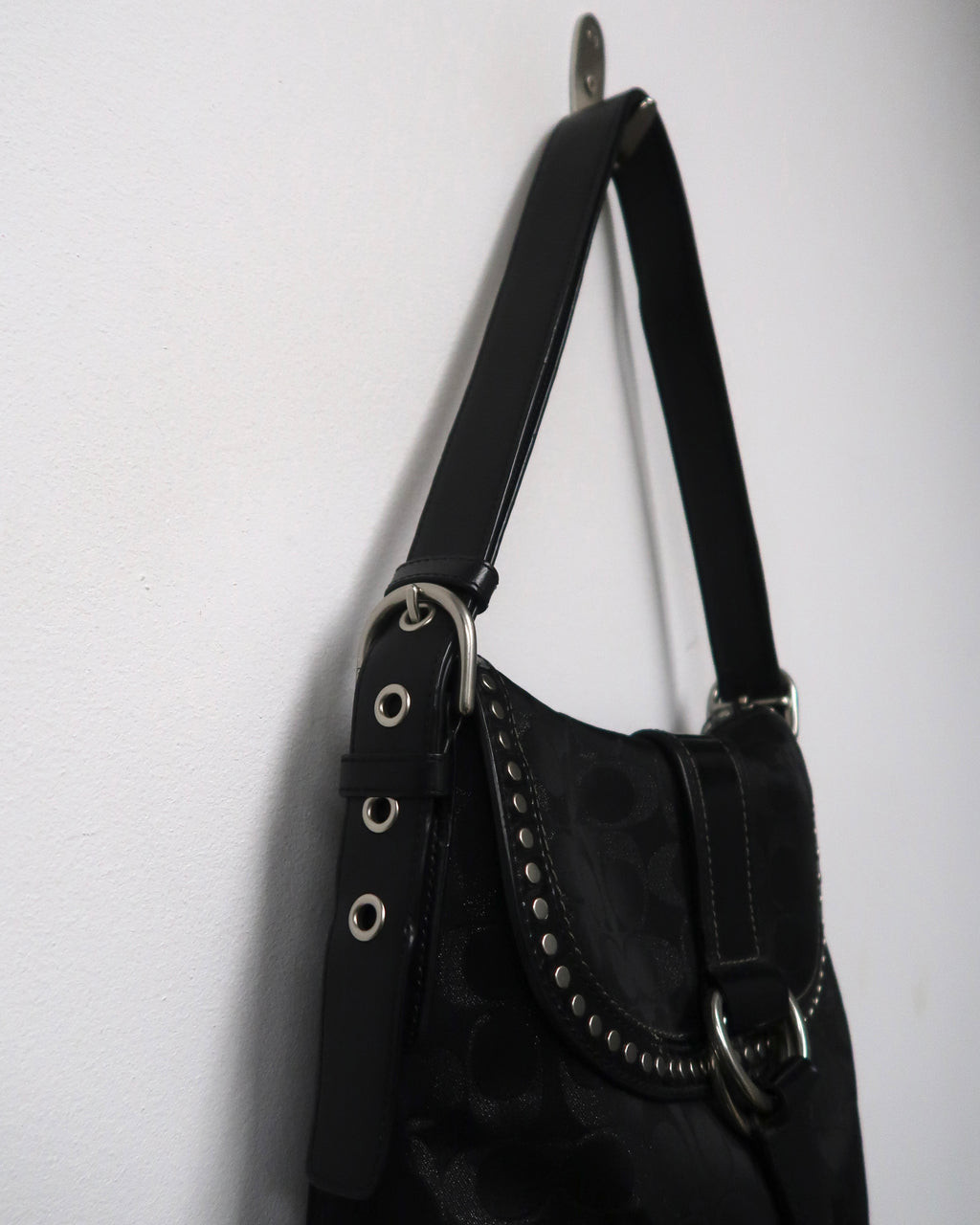 Coach Black Metallic Signature C Studded Flap Shoulder