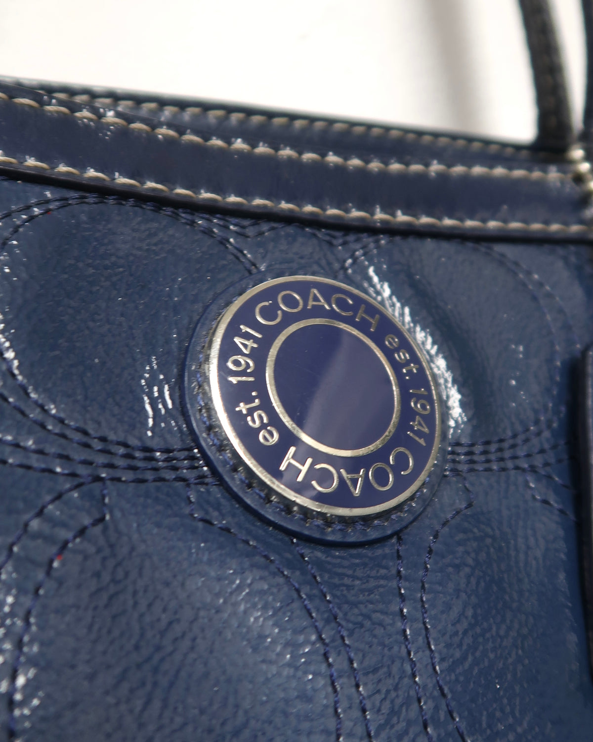 Coach Signature Stripe Stitched Patent Leather Tote