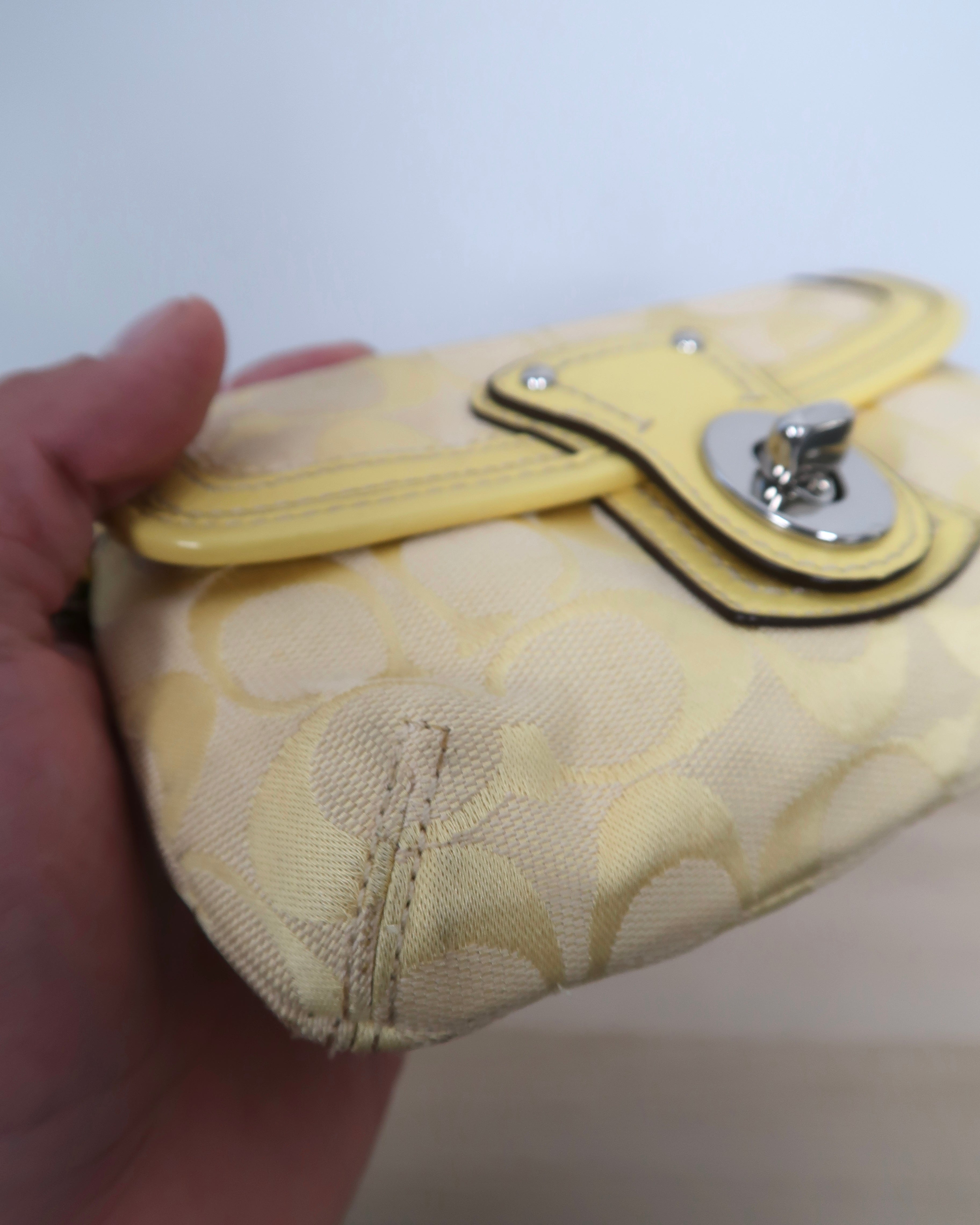 Coach Signature Yellow Canvas Leather Trim Turnlock Wristlet