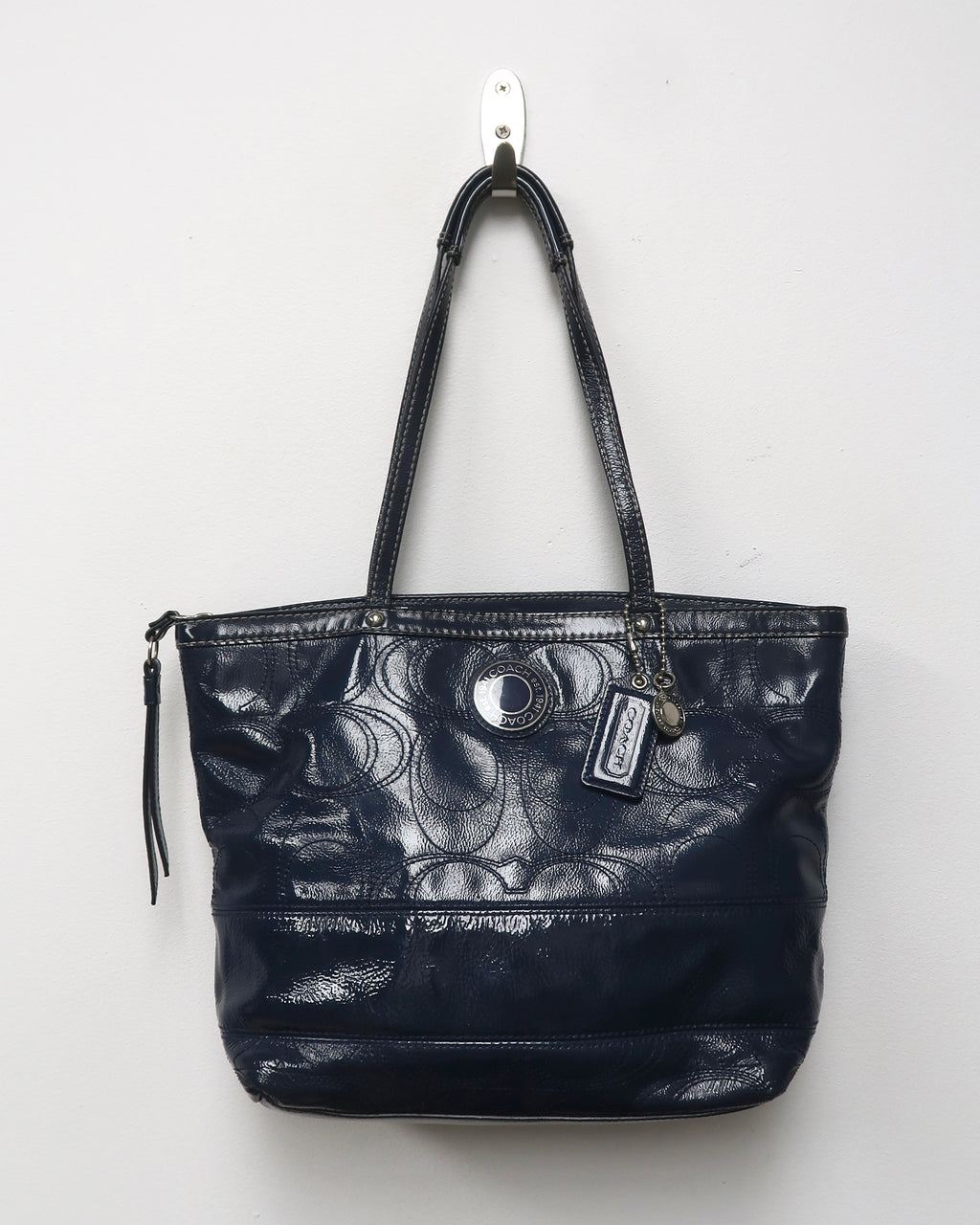 Coach Signature Stripe Stitched Patent Leather Tote