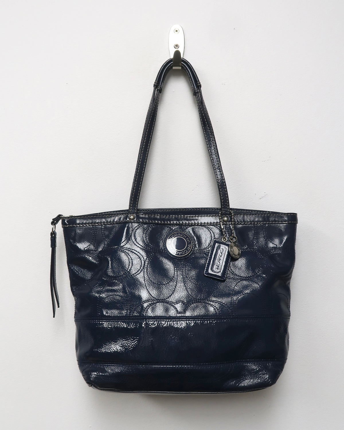 Coach Signature Stripe Stitched Patent Leather Tote