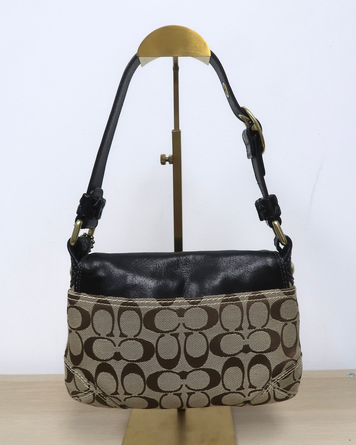 Coach Bleecker Signature Canvas & Black Leather Flap Shoulder Bag