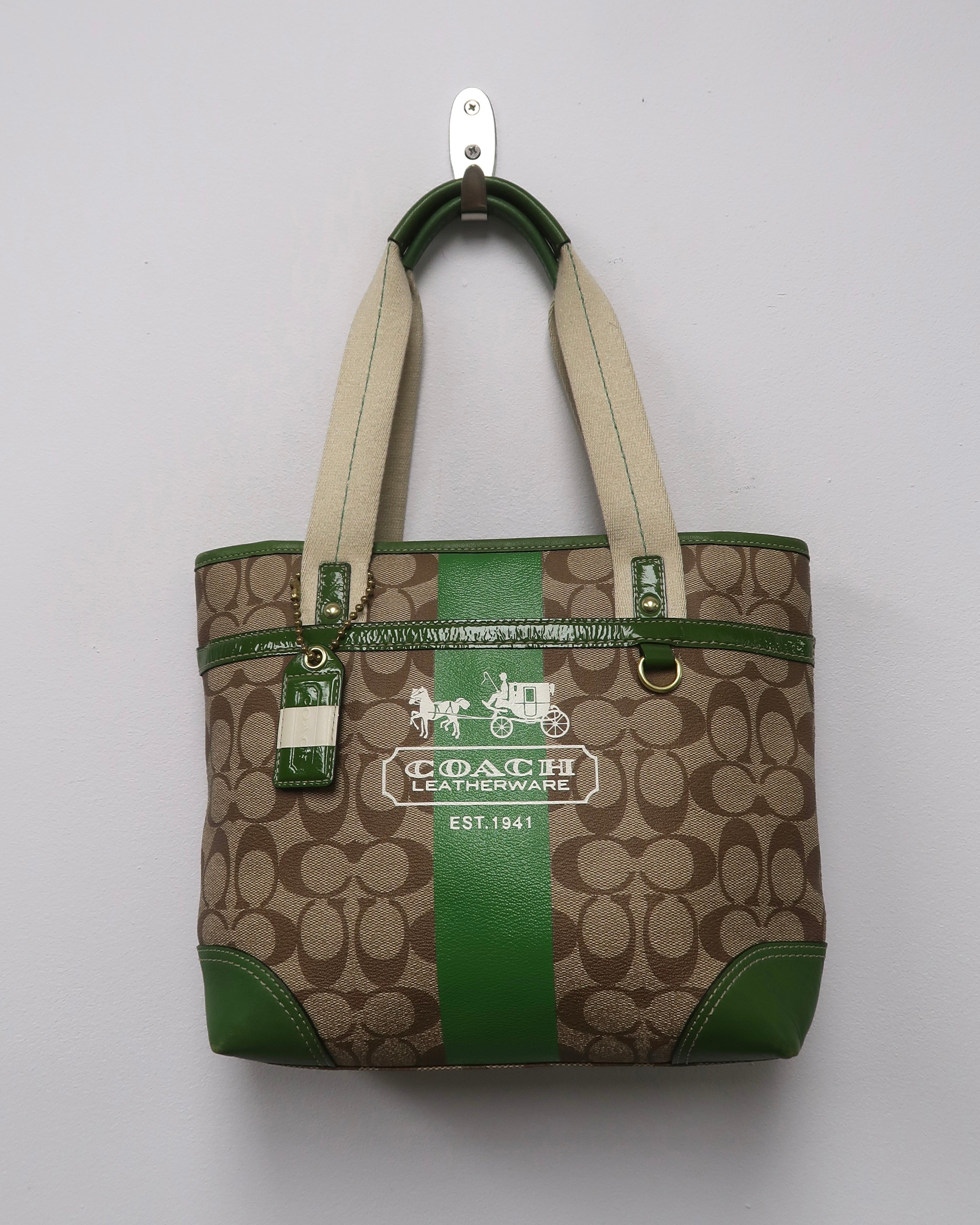 Coach Heritage Green Stripe Signature Tote Bag