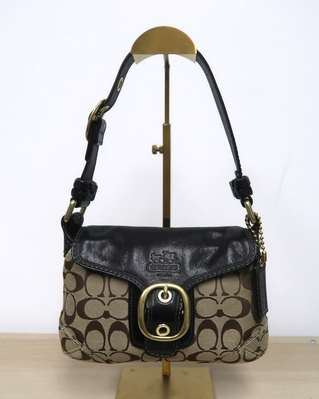 Coach Bleecker Signature Canvas & Black Leather Flap Shoulder Bag