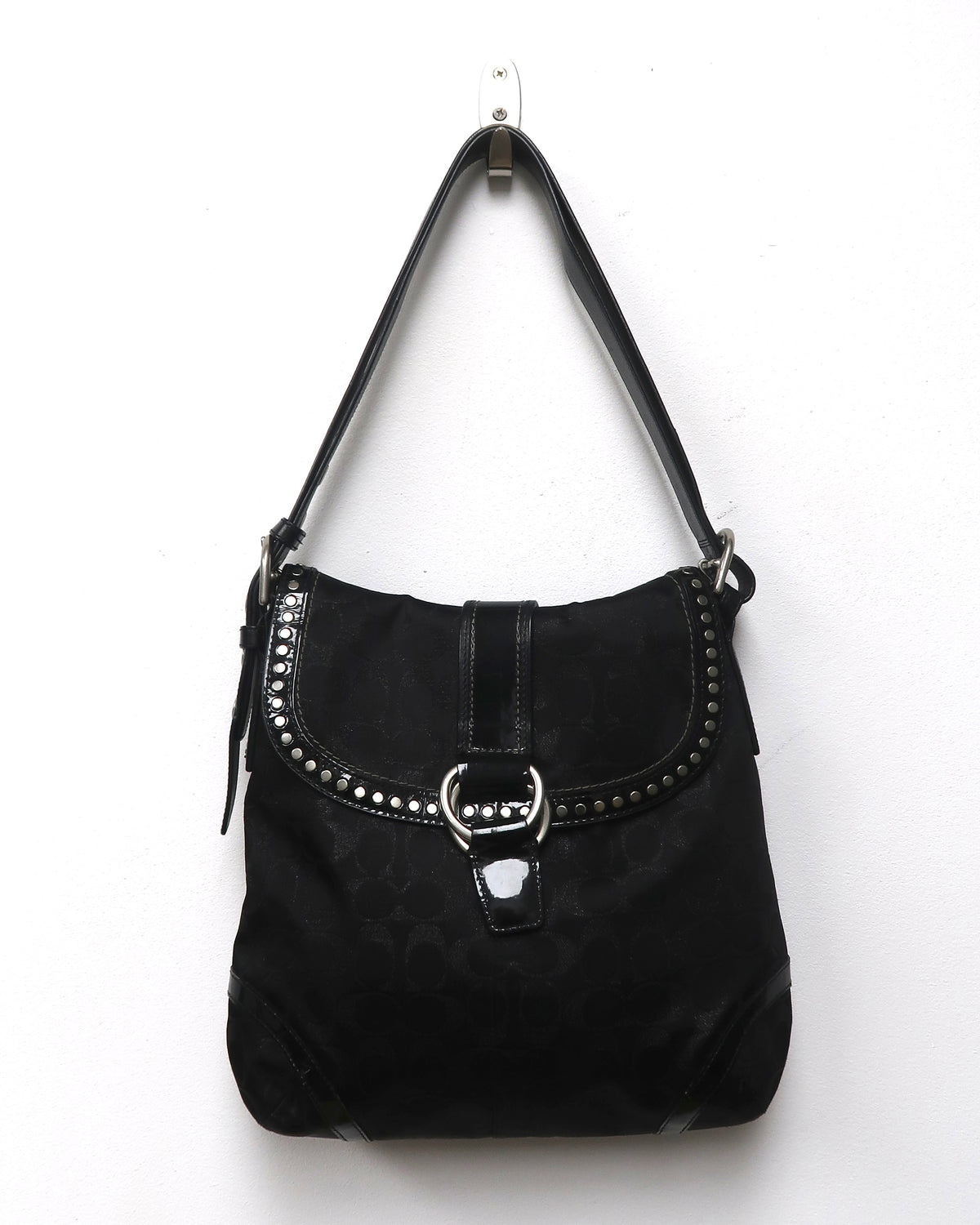 Coach Black Metallic Signature C Studded Flap Shoulder
