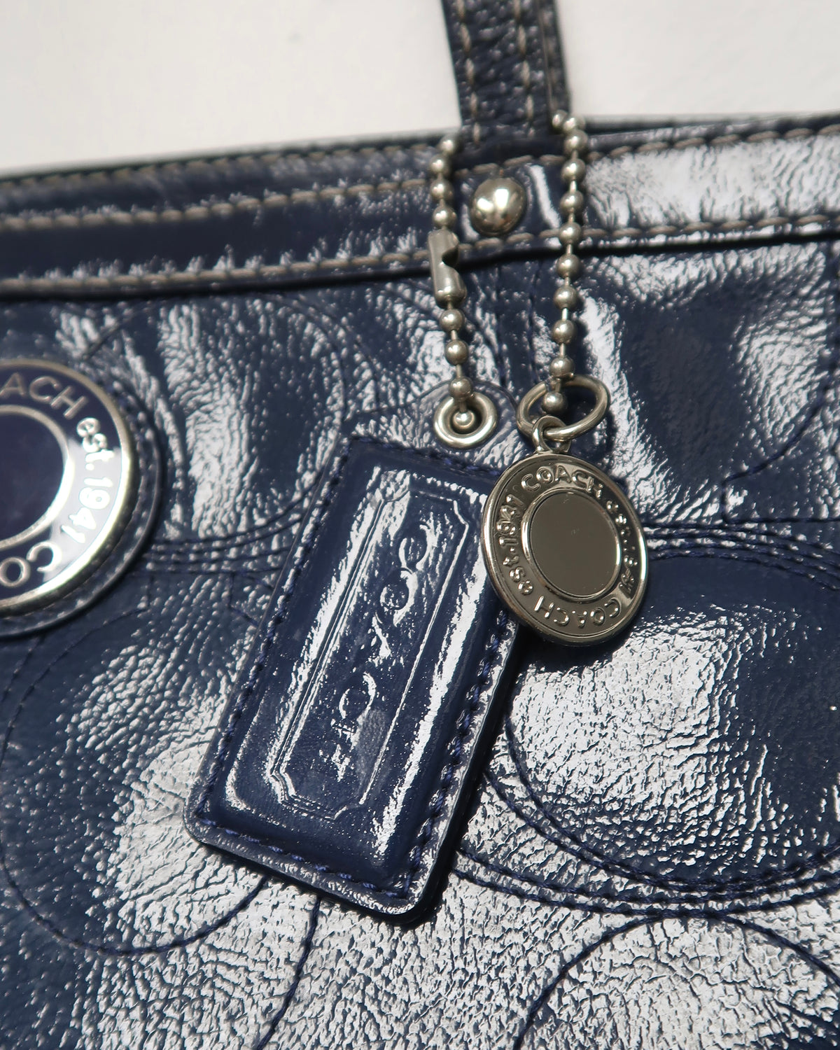 Coach Signature Stripe Stitched Patent Leather Tote