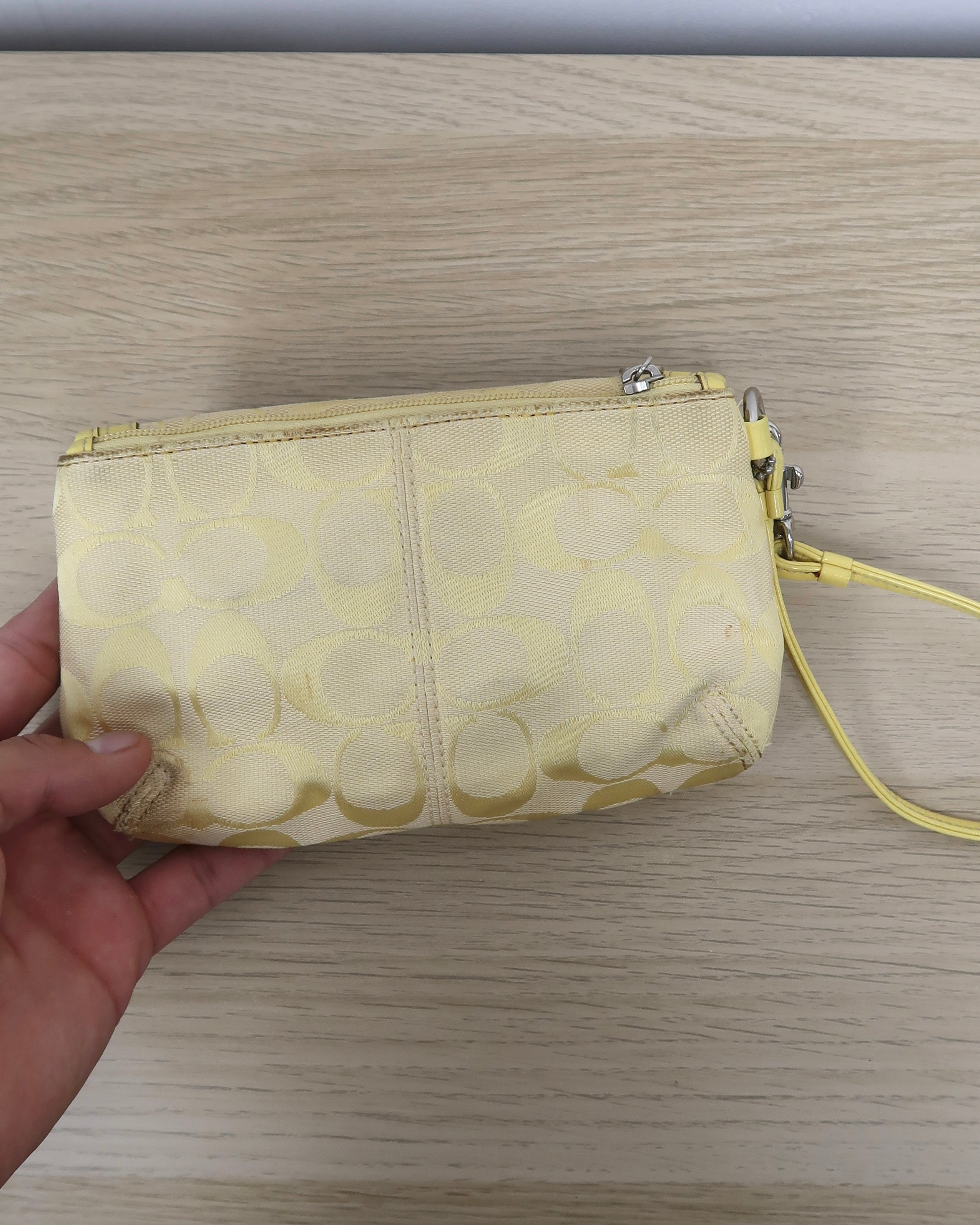 Coach Signature Yellow Canvas Leather Trim Turnlock Wristlet