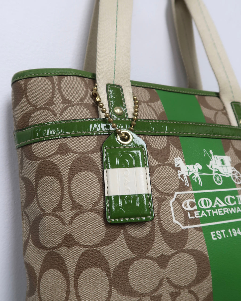 Coach Heritage Green Stripe Signature Tote Bag