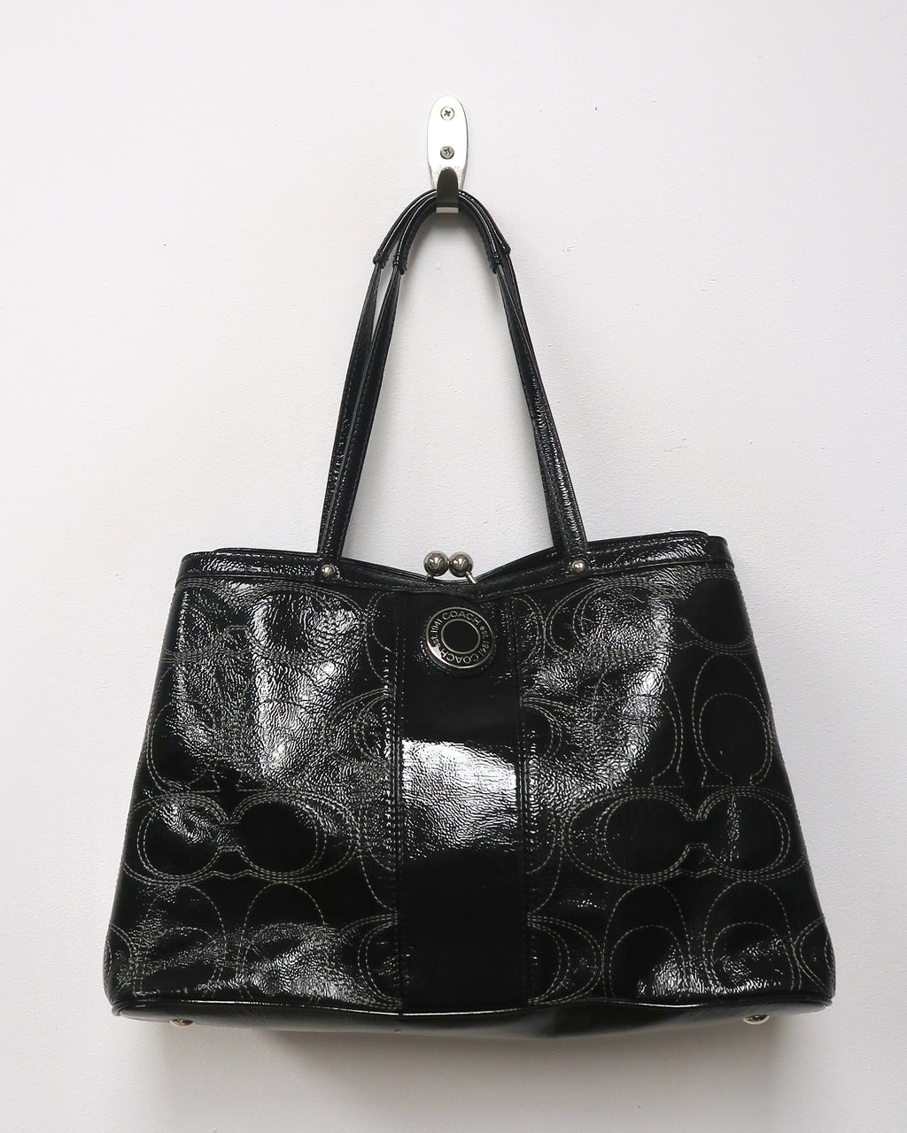 Coach Black Patent Leather Signature C Kisslock Carryall Bag