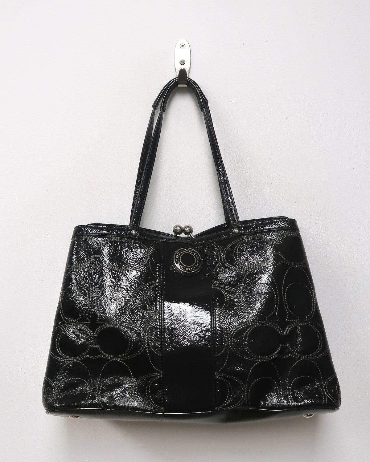 Coach Black Patent Leather Signature C Kisslock Carryall Bag